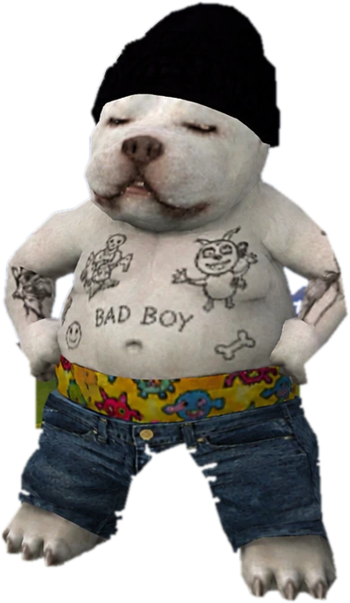 A shirtless dog in a beanie and jeans, standing with his hands on his hips